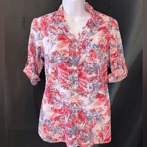 Studio Works Button Down Short Sleeve Blouse Red White & Blue Pattern Size Small